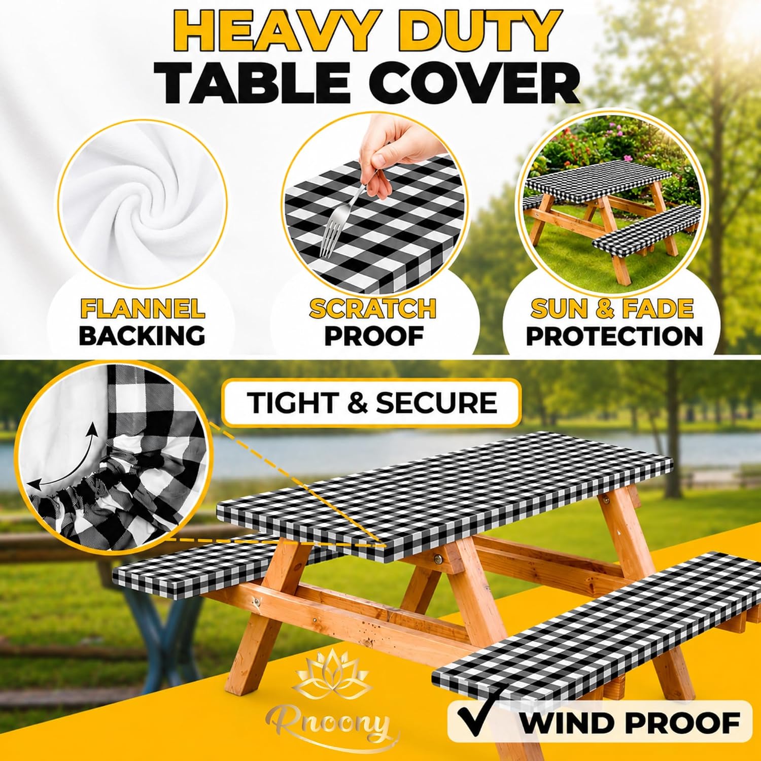Vinyl Fitted Picnic Table Cover with Bench Covers & Bag 6ft Black Checkered | Rnoony Outdoor Waterproof, Windproof Tablecloth with Elastic Edges. Camping RV Gear Campers Must Have 72x30 Inches