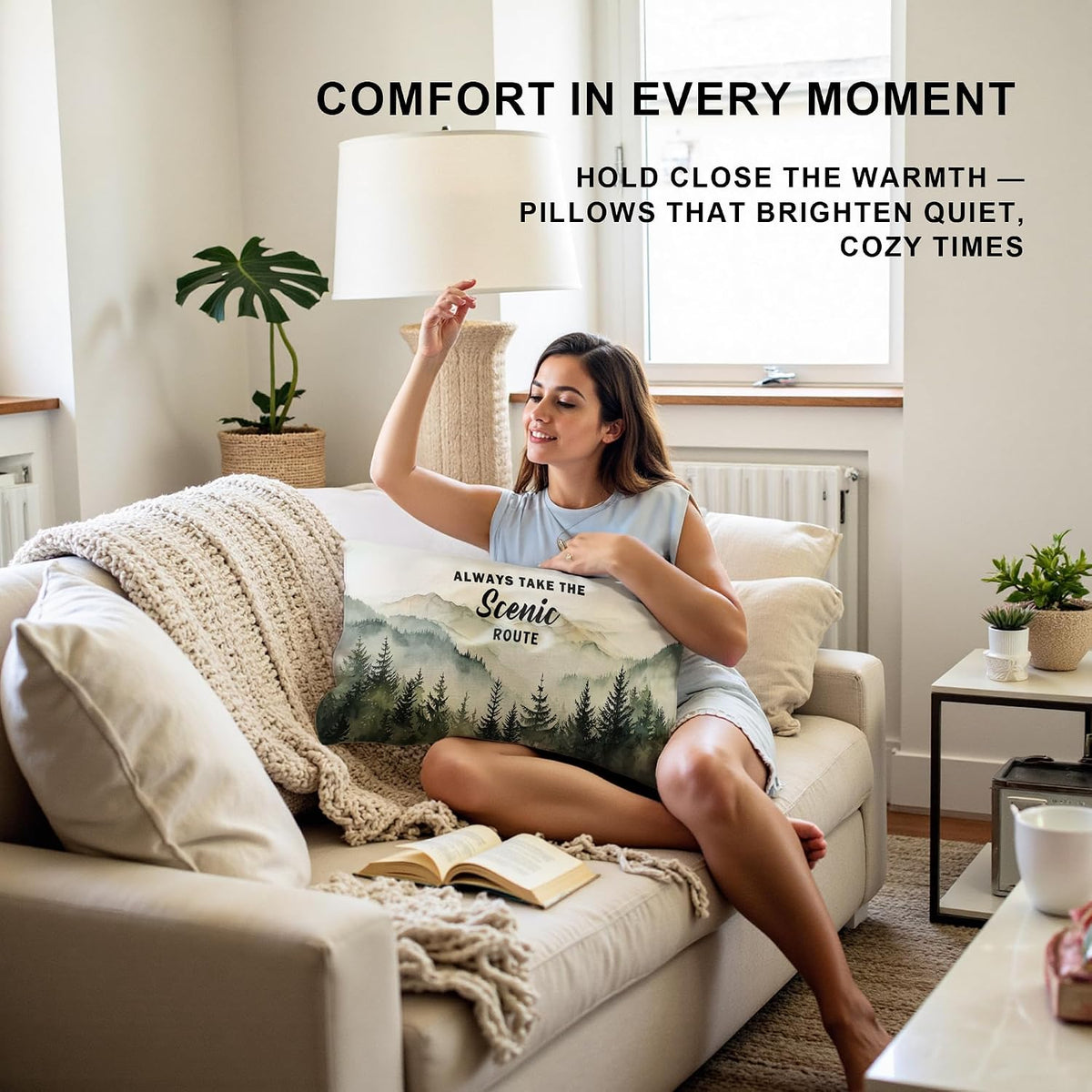 Camping Pillow Cover 12x20,Always Take The Scenic Route,Forest Green Mountain Woods Design,Decorative Rv Camper Pillows,Nature Lover Cottage Core Gifts