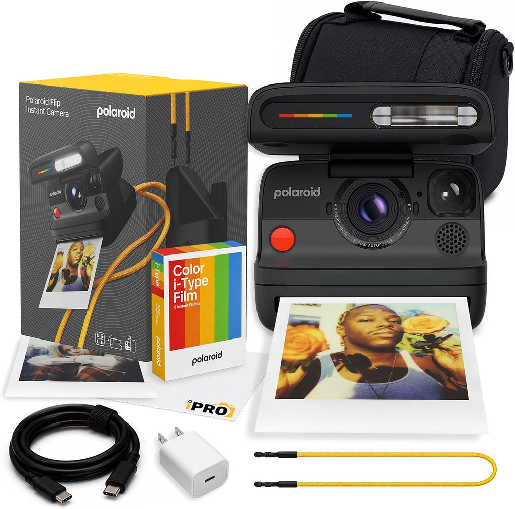 Polaroid Flip Instant Camera in Black with 4-Lens System + 16 Film Bundle | Instant Camera for Travel, Parties &amp; Creative Photography, Sonar Autofocus, Compatible with i-Type &amp; 600 Film