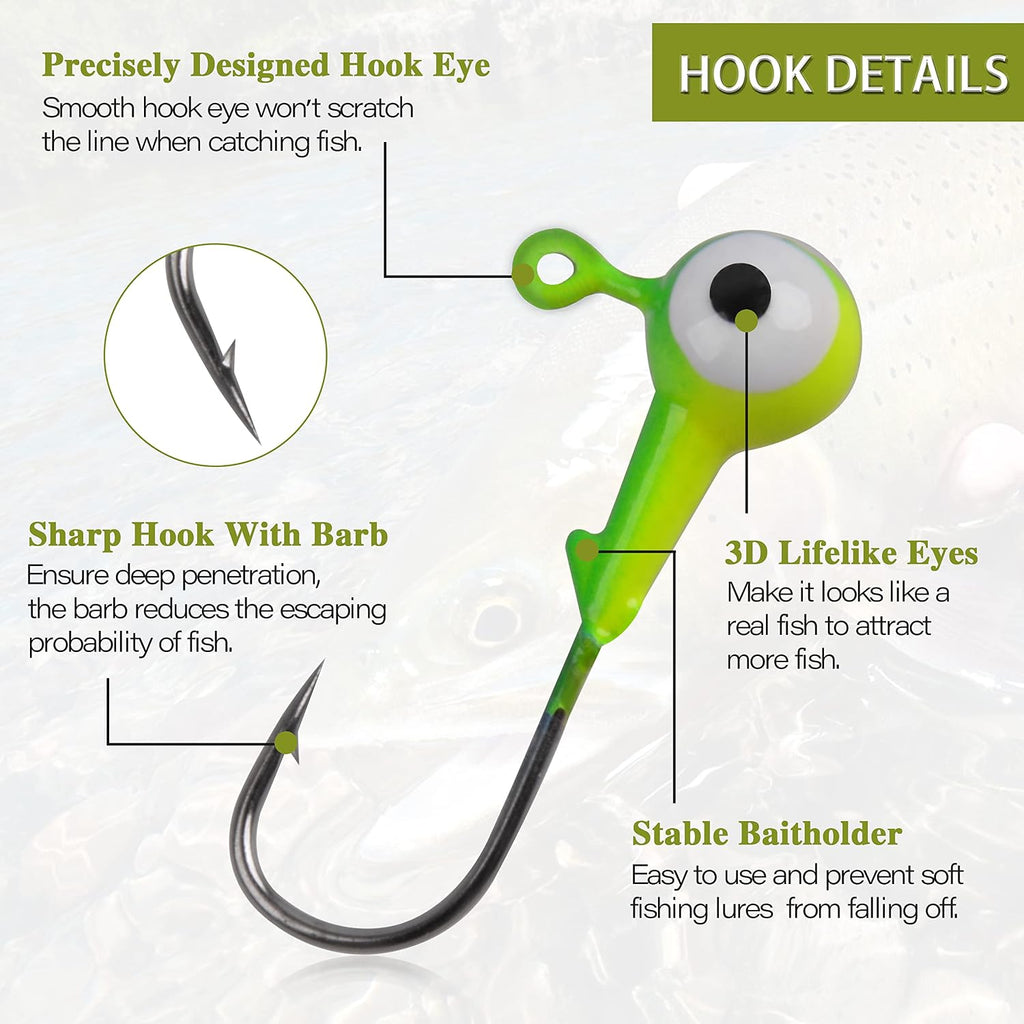 AGOOL Fishing Jig Heads Hooks Kit, 35/60pcs Round Ball Jig Heads Fishing Lures Crappie Jig Heads for Soft Plastic Baits Bass Trout Soft Worm Shrimp Lures Freshwater Saltwater