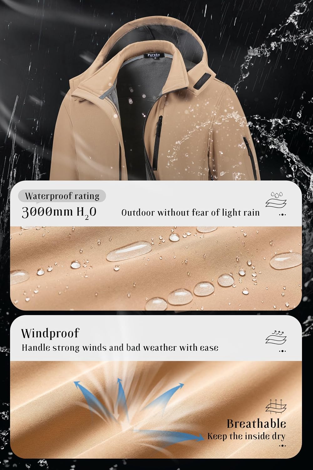 Pursky Men's Softshell Jacket Waterproof Fleece Lined Windbreaker With Removable Hood Lightweight Tactical Jacket