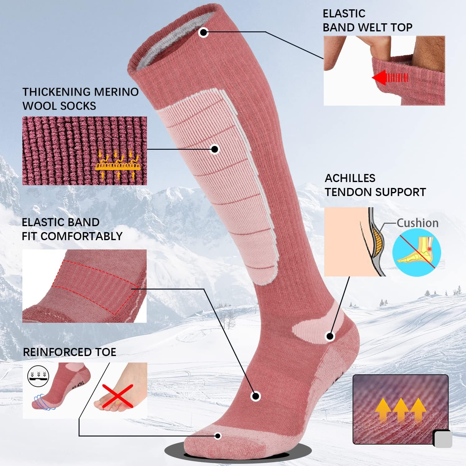 Hylaea Unisex Knee High Merino Wool Ski Snowboard Socks, Cushioning & Warm