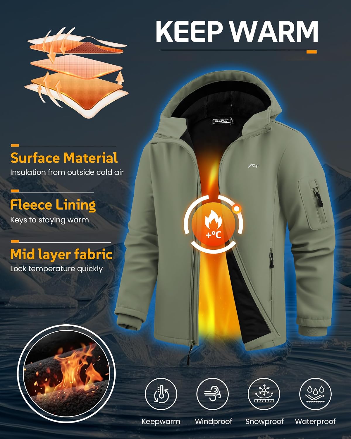 WULFUL Men's Lightweight Softshell Jacket Warm Fleece Lined Windbreaker Waterproof Soft Shell for Outdoor Hiking