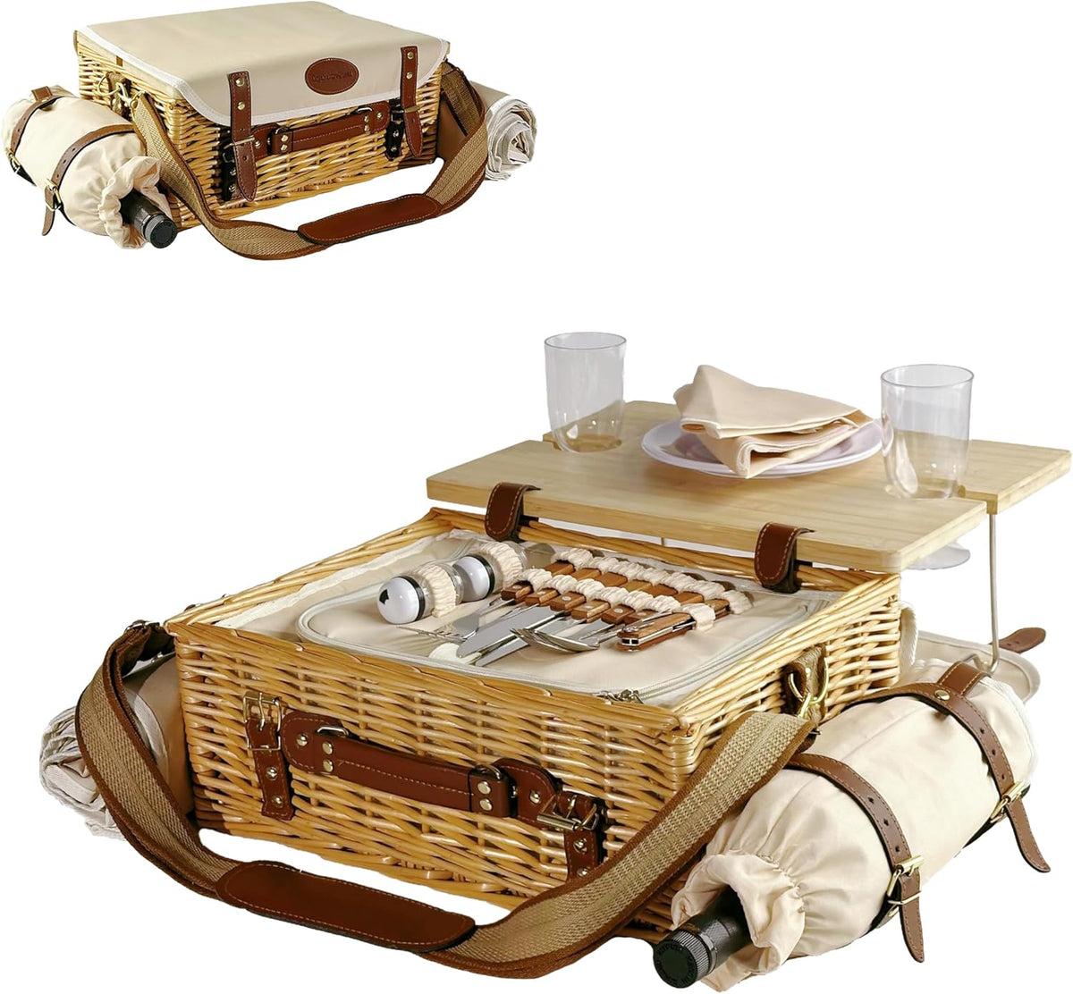 Multifunctional Wicker Picnic Basket Set for 2 Adults with Blankets & Table
