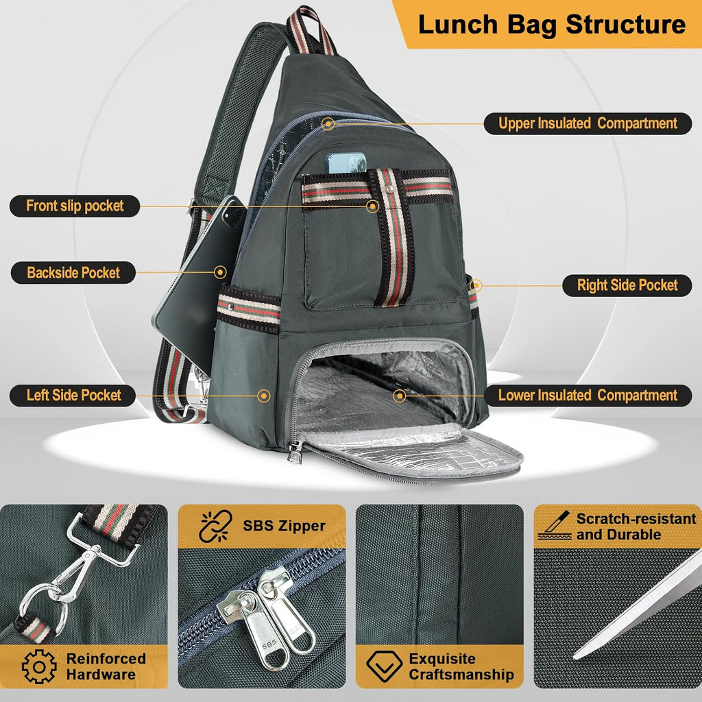 Crossbody Lunch Backpack, Double Deck Large Insulated leakproof Lunchbox