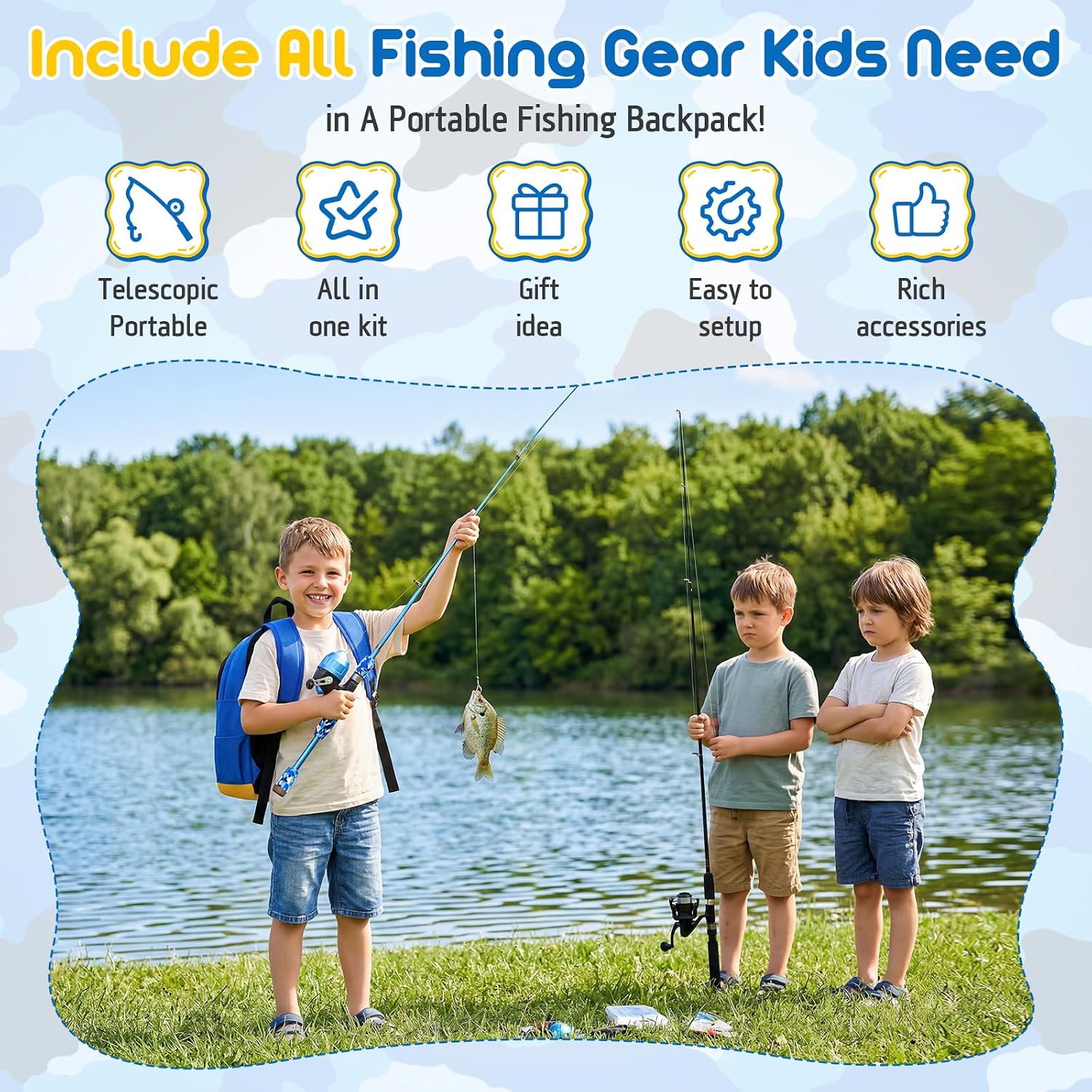 PLUSINNO Kids Fishing Pole, Telescopic Fishing Rod and Reel Combo, Fishing Gear Kit with Backpack, Tackle Box, Spincast Reel, Youth Toddler Fishing Poles for Boys Girls Age 3-5 5-10