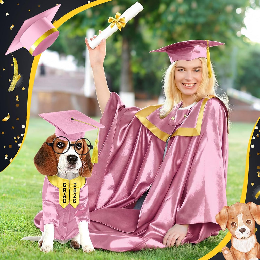Huhumy 5 Pcs Dog Graduation Costume Set Include 2026 Pet Graduation Gown with Stole Puppy Grad Cap Lensless Glasses DIY Letter Stickers for Dogs Cats Holiday Costume Accessory(Pink Yellow,S)