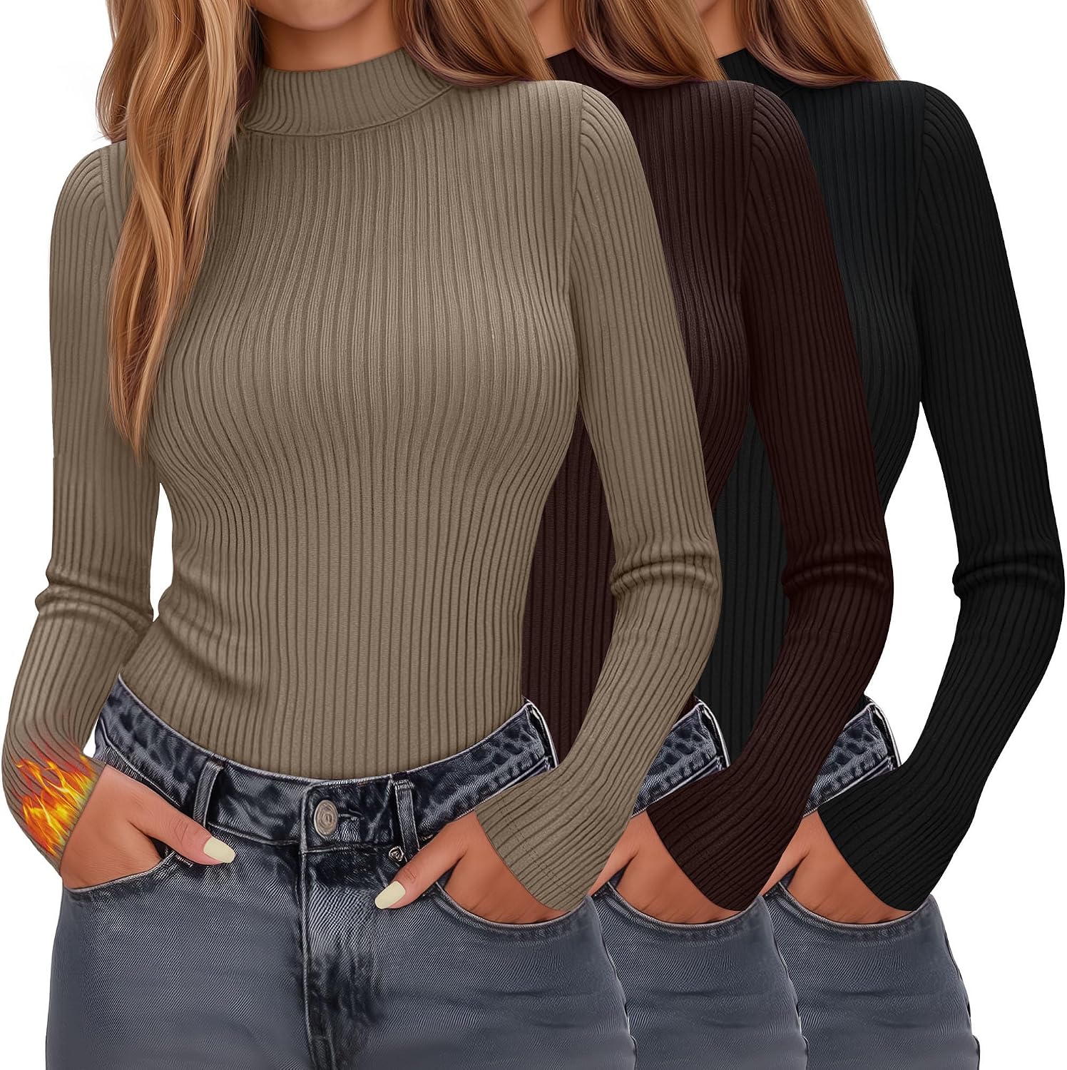 Evervibe 3 Pack Women's Ribbed Mock Neck Thermal Tops