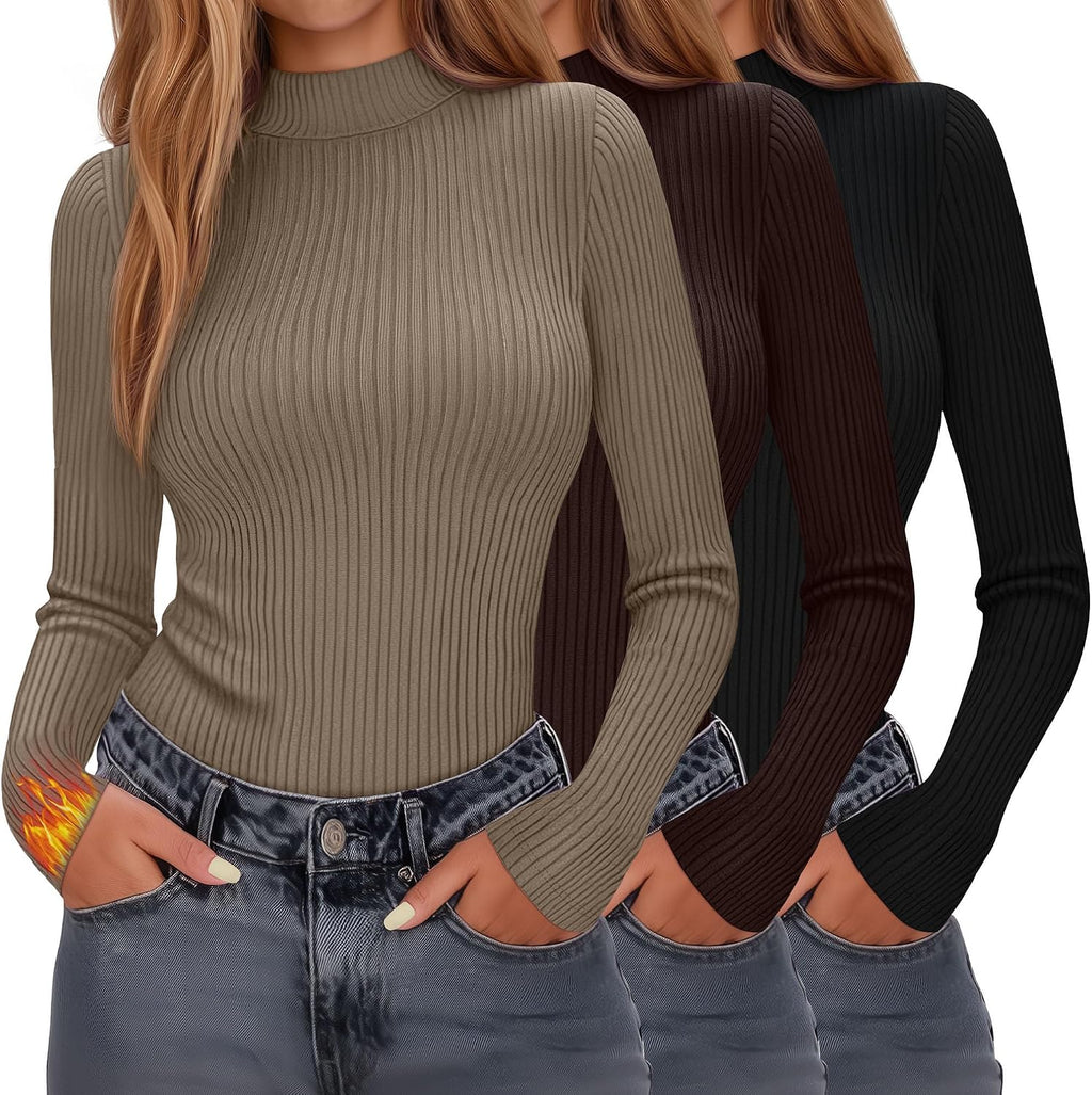 Evervibe 3 Pack Women's Ribbed Mock Neck Thermal Tops