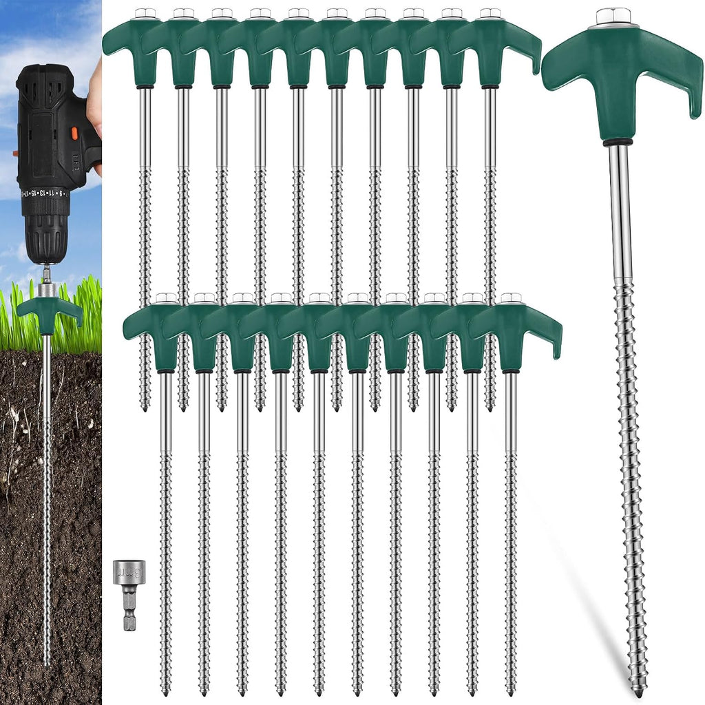 Hicarer 20 Pcs 8" Screw in Tent Stakes Ground Anchors, Dark Green