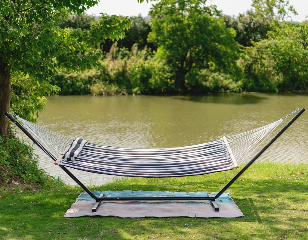 Lazy Daze Double Quilted Hammock with Pillow and Carabiners, Black White