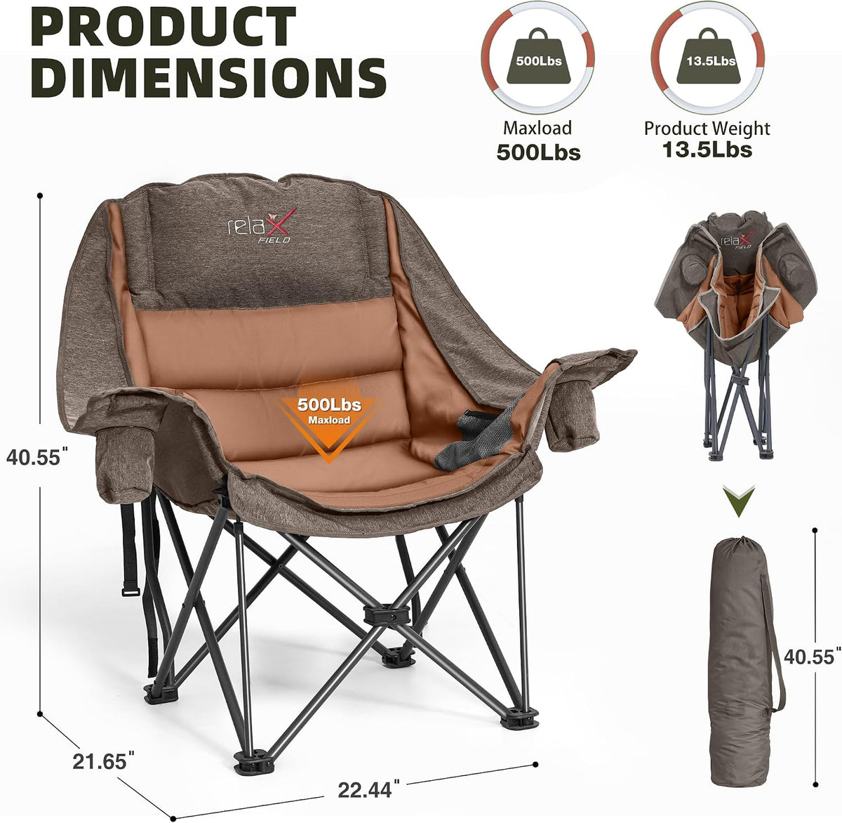 Oversized Camping Chairs with Cup Holder 500LBS, Coffee