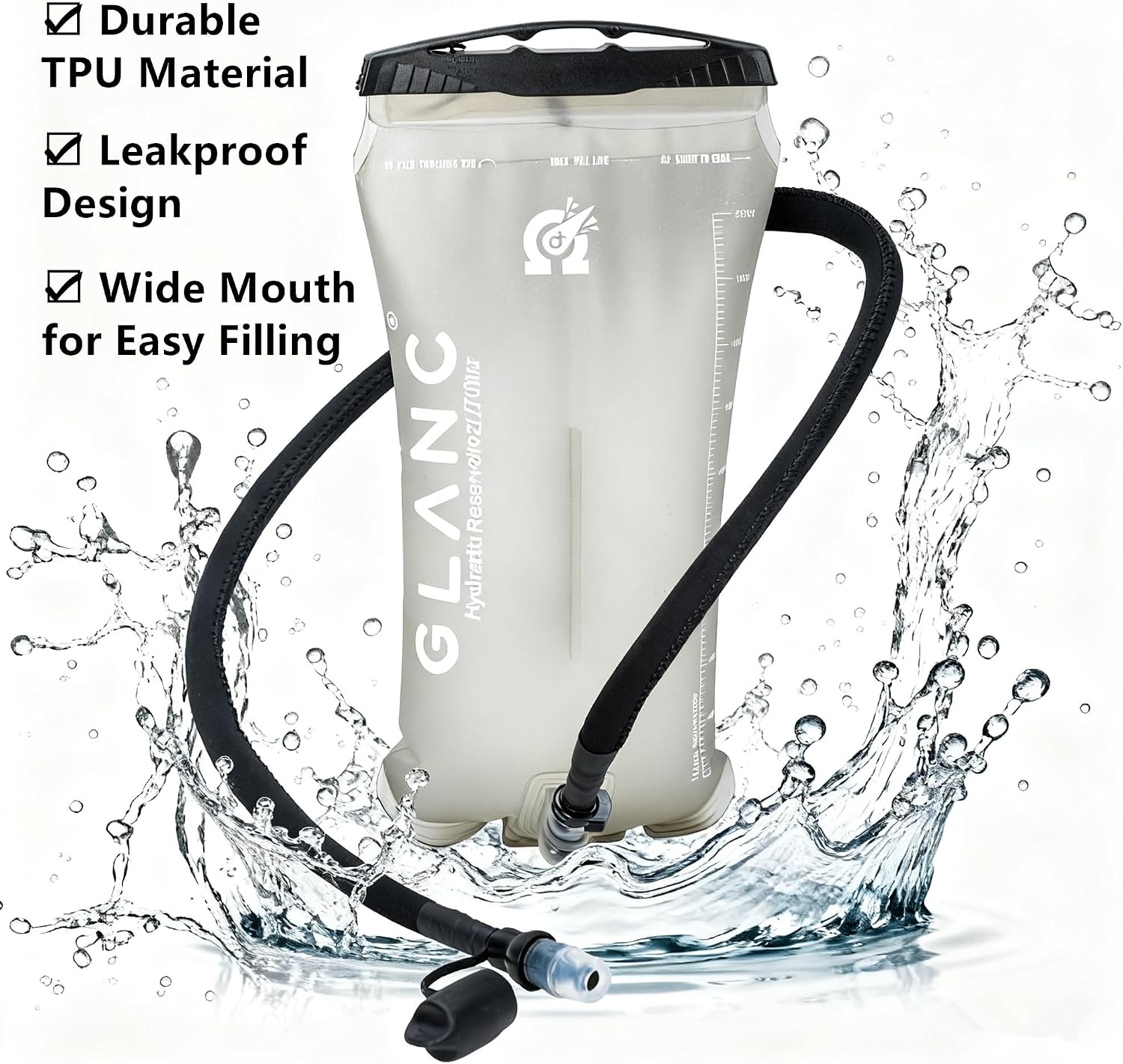 GLANC Hydration Bladder - 2L Water Bladder with Cleaning Kit for Outdoor Hiking Backpack, BPA Free Leakproof Water Reservoir for Hydration Pack, Insulated Hose & High Flow Bite Valve