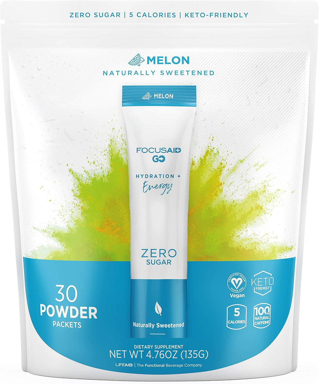 LIFEAID FOCUSAID GO Nootropics Energy Powder, Zero Sugar 100mg (30 Packets)