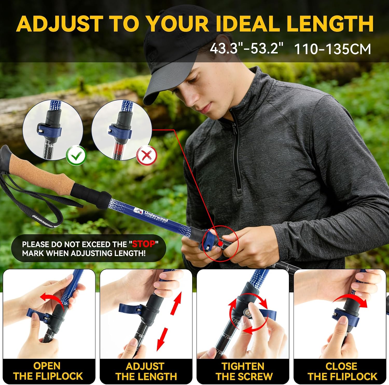 Carbon Fiber Trekking Poles for Hiking, Adjustable Cork Grip & Quick-Lock