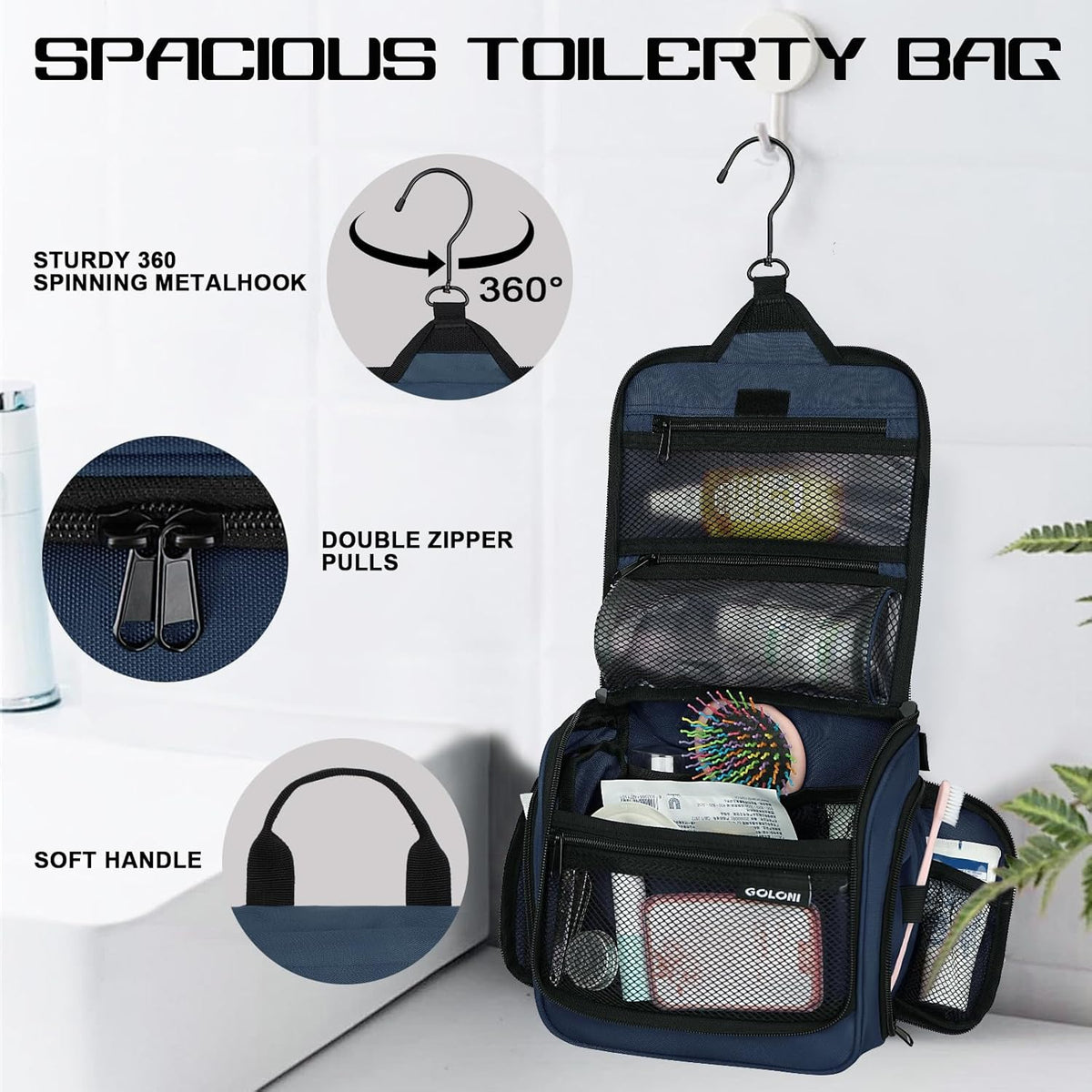 Goloni Hanging Toiletry Bag for Men Women, Water-Resistant Organizer,Blue