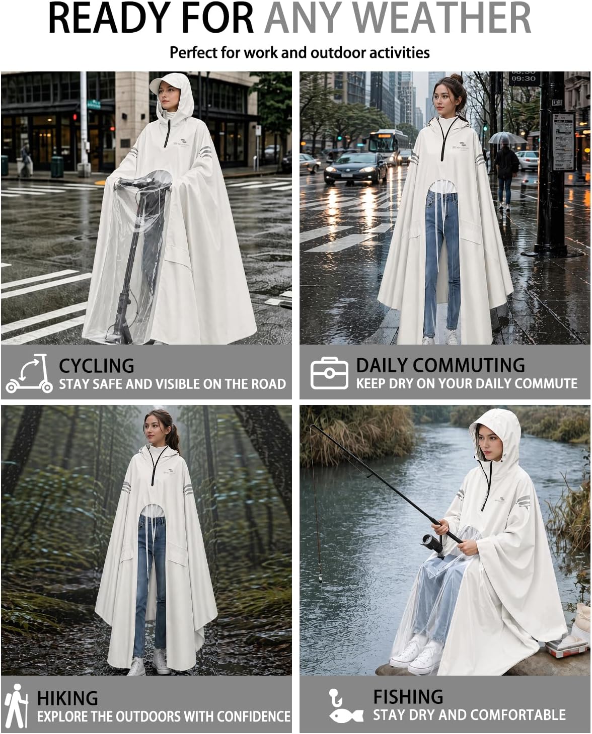 Rain Poncho Waterproof Full Body Long Hooded with Double-Face Visor Mask, Packable Raincoat for Cycling, Hiking