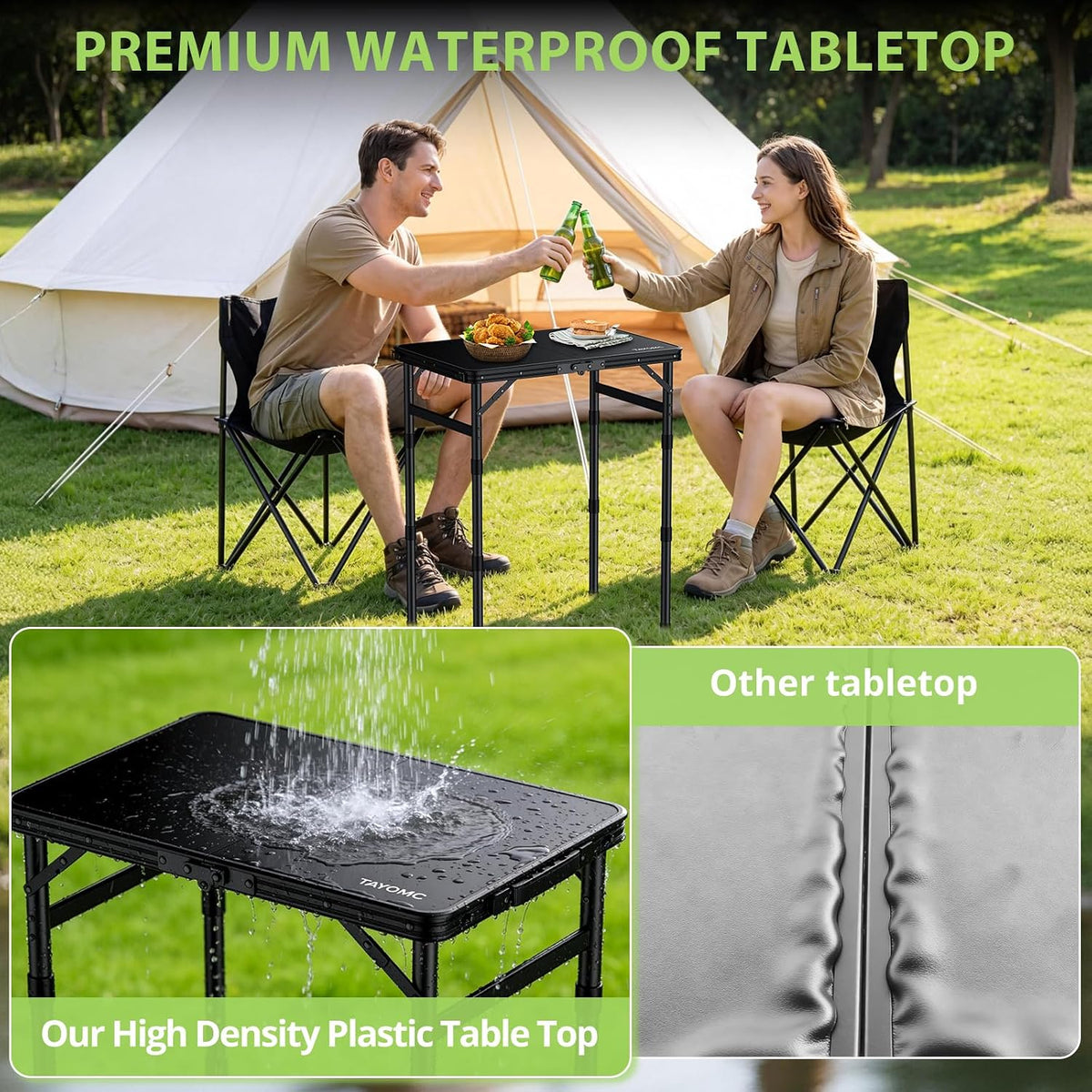 2ft Plastic Folding Camping Table, 3 Adjustable Height Waterproof Small Folding Table with Portable Carry Handle for Outdoor Indoor RV Travel Picnic Beach Patio, 22.8" X 15.7", Pure Black