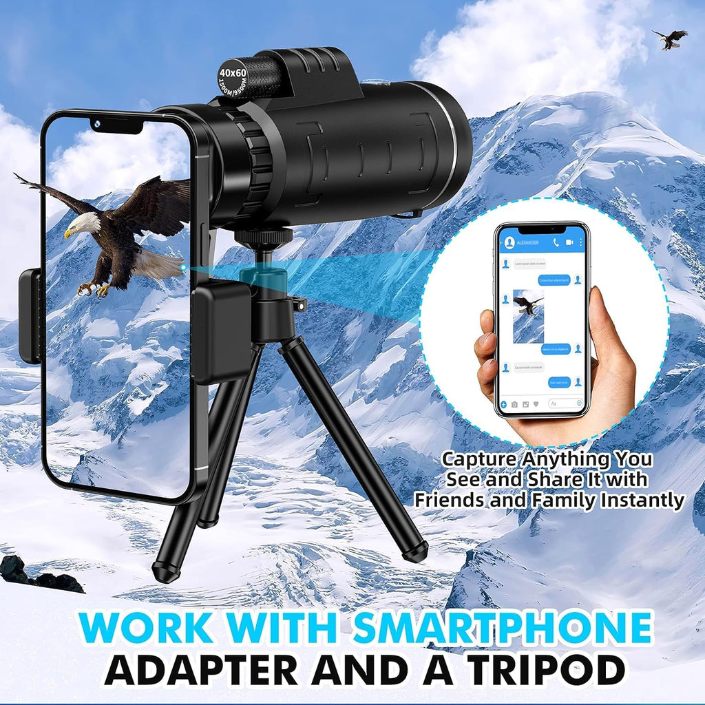 40x60 Monocular Telescope with Smartphone Adapter and Telescope Case High Powered Monocular, Compact Monocular for Wildlife, Hunting, Camping, Travel &Outdoor Adventures