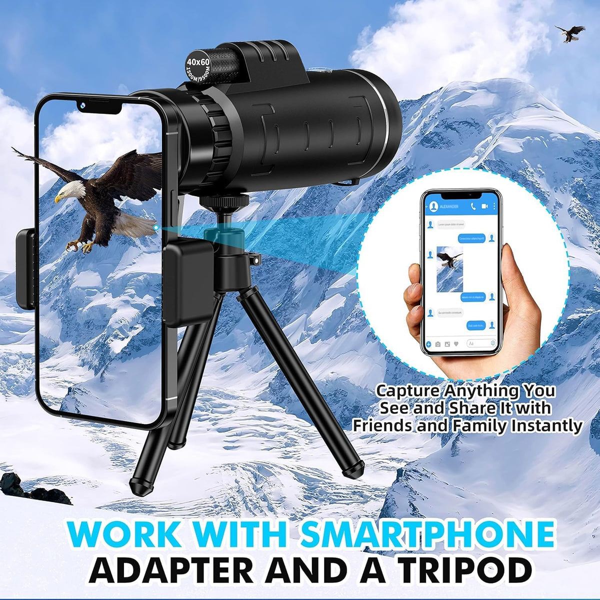 40x60 Monocular Telescope with Smartphone Adapter and Telescope Case High Powered Monocular, Compact Monocular for Wildlife, Hunting, Camping, Travel &Outdoor Adventures