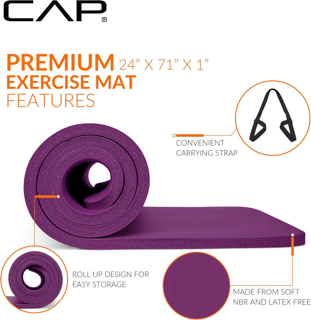 CAP 1" Extra Thick Yoga Mat, Exercise Mat with Strap, Multiple Colors