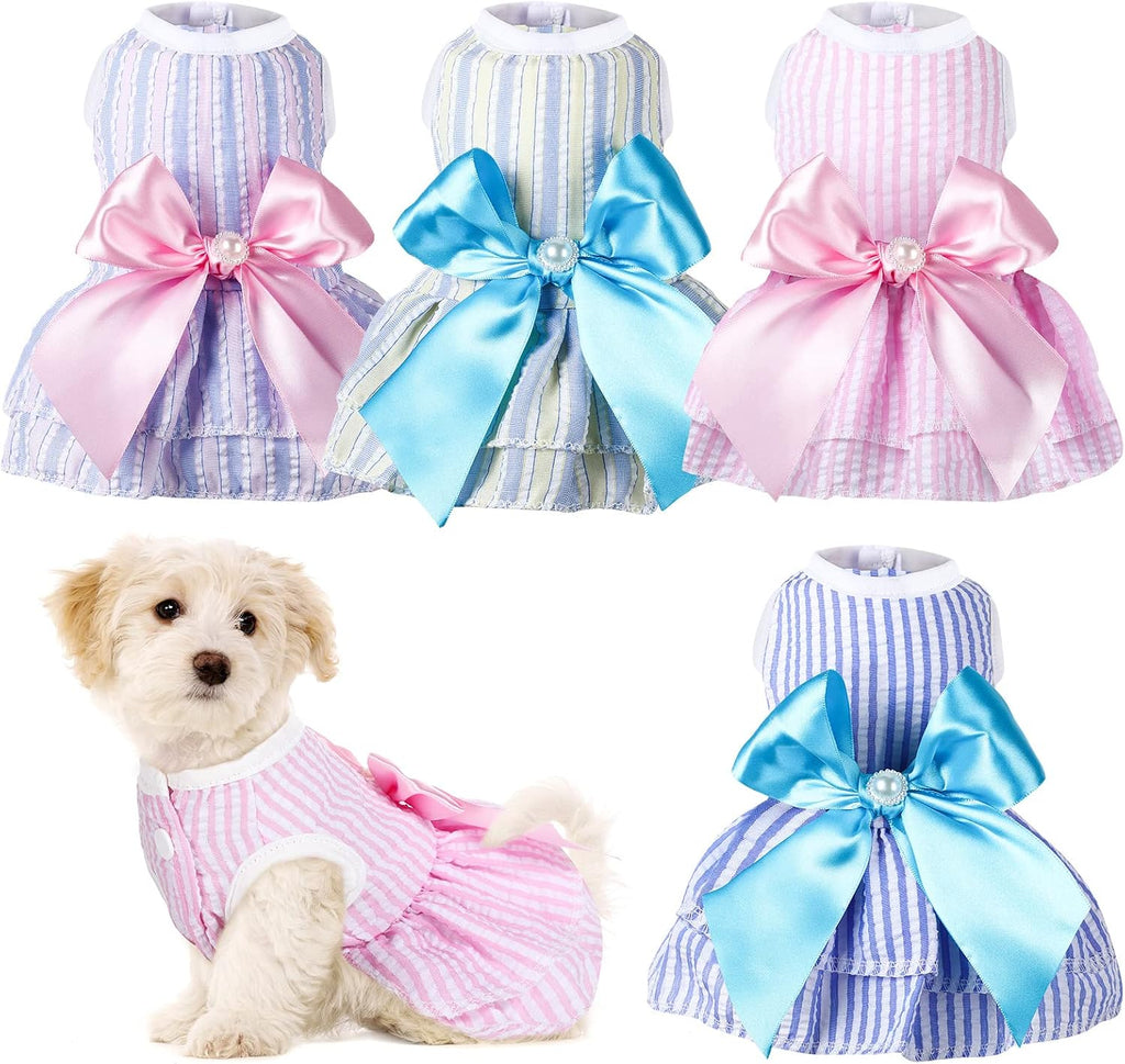Reginary 4 Pack Princess Dog Dresses for Small Dogs Girl, Tutu Skirt with Pearl Bow, Cute Summer Puppy Clothes, Sleeveless Pet Apparel with Front Buttons for Chihuahua Yorkie Maltese, Cats(Small)