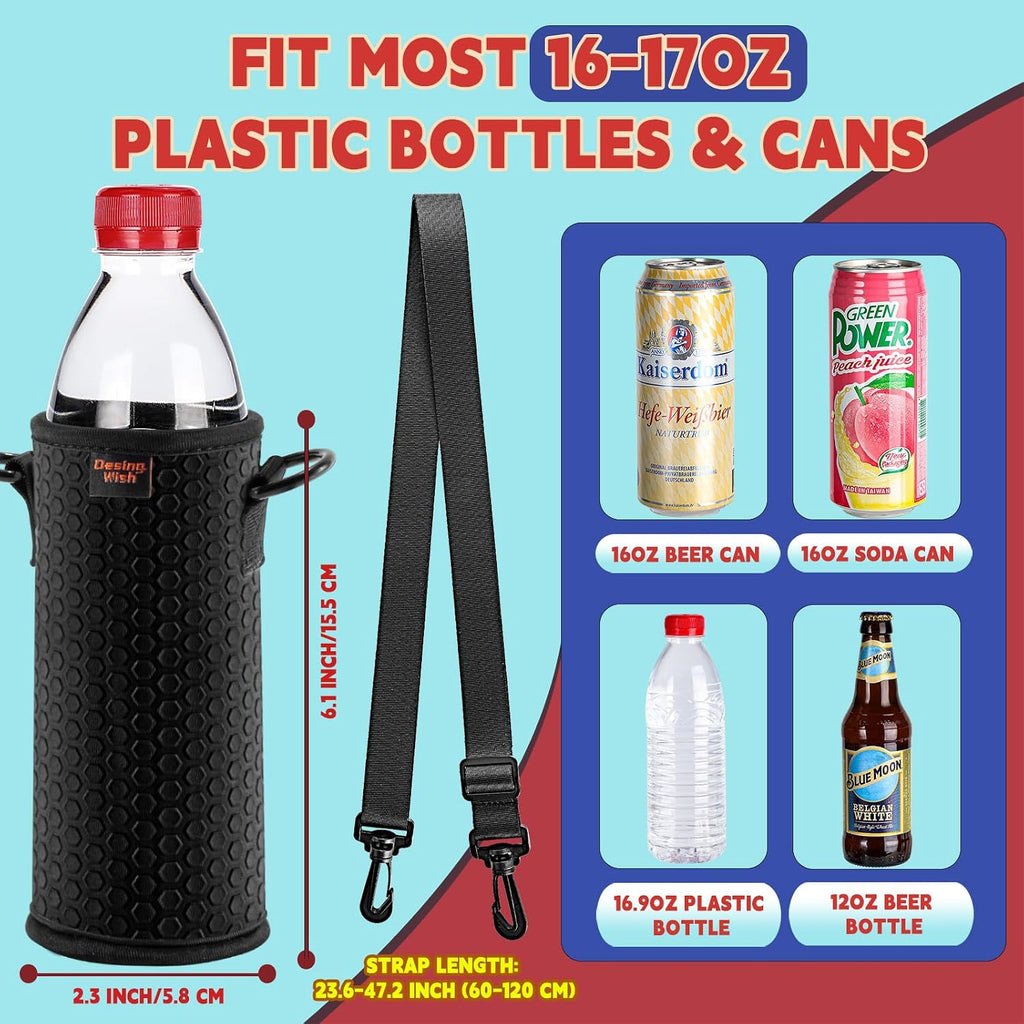 Portable 16.9 oz Plastic Bottles Insulators Sleeves 16 17 18 oz Beverage Bottle/Can Sleeves Holder with Shoulder Strap Plastic Bottle Sleeves Coolers 4 PCS Black