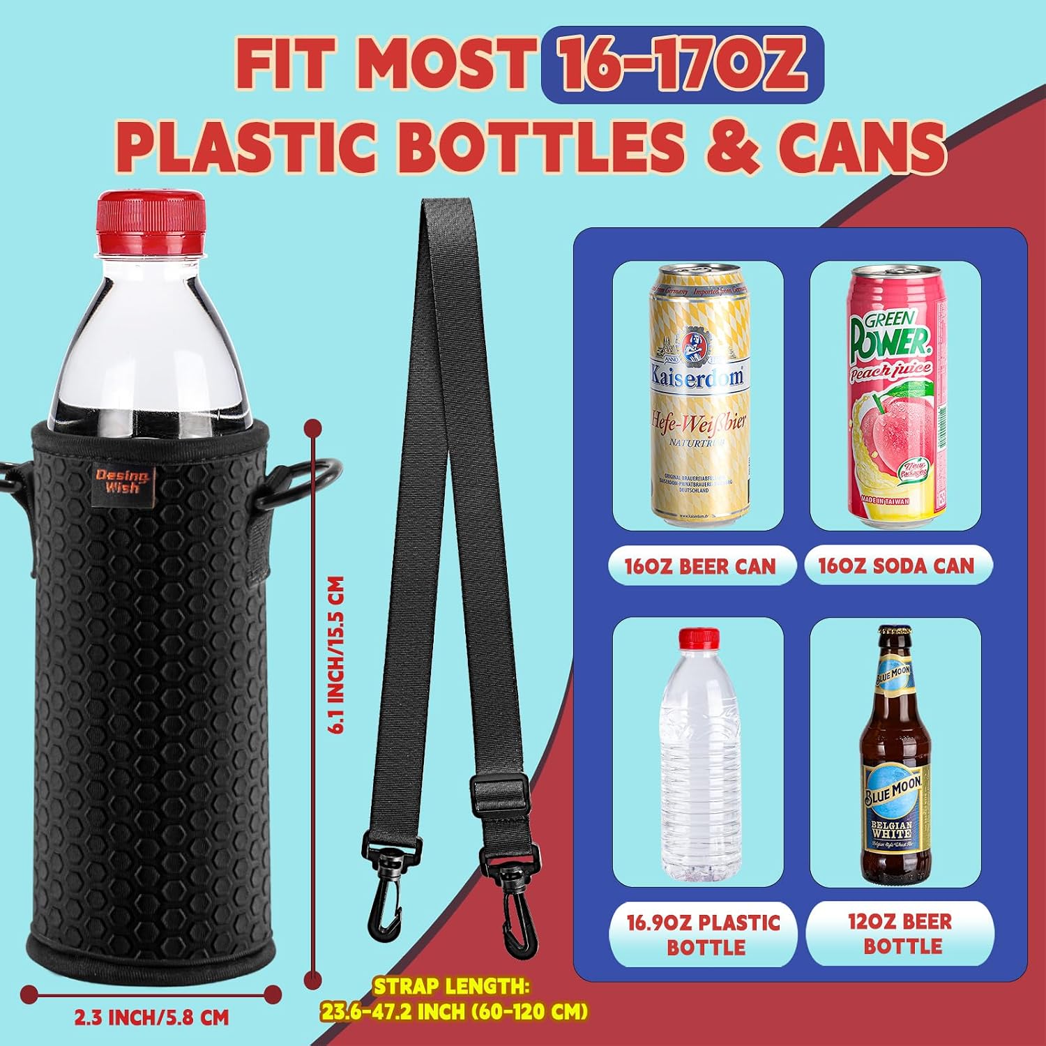 Portable 16.9 oz Plastic Bottles Insulators Sleeves 16 17 18 oz Beverage Bottle/Can Sleeves Holder with Shoulder Strap Plastic Bottle Sleeves Coolers 4 PCS Black