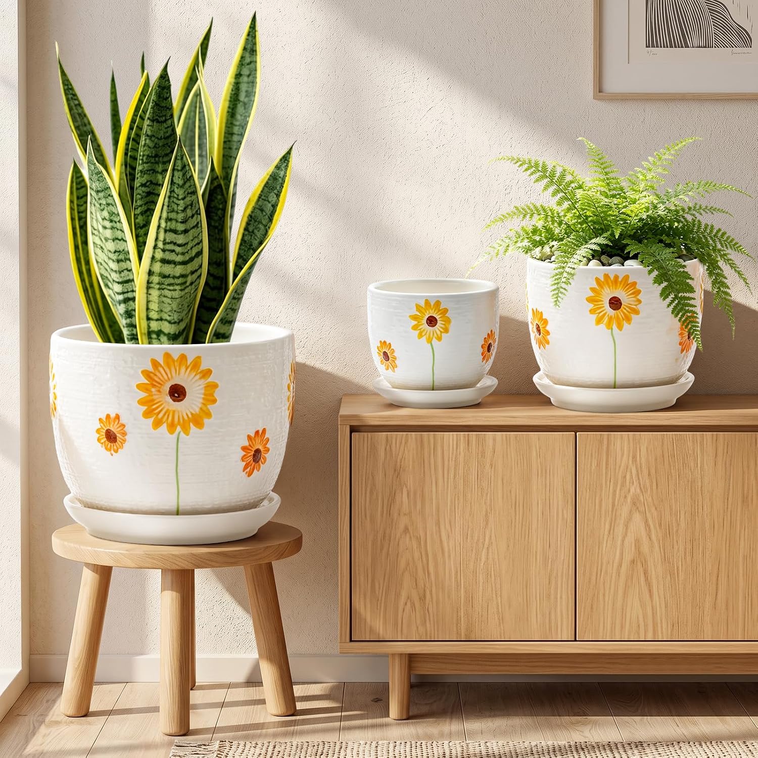 Ceramic Plant Pots,Sunflower Planters with Drainage Holes & Matching Saucer