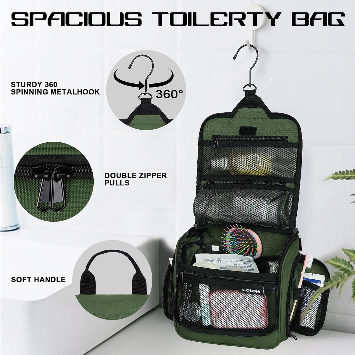 Goloni Hanging Toiletry Bag for Men Women, Water-Resistant Organizer,Green