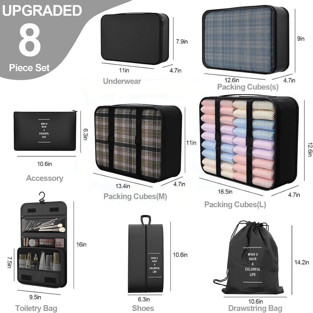8 Set Packing Cubes for Travel, Suitcase Organizer Bags for Luggage (Black)