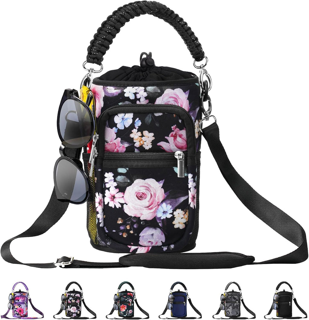 AceTreker 32/40/64/87/128 oz Water Bottle Carrier Bag, Neoprene Water Bottle Sleeve with 4 Pocket, Sport Water Holder with Paracord Handle and Shoulder Strap for Walking Hiking Camping Gym