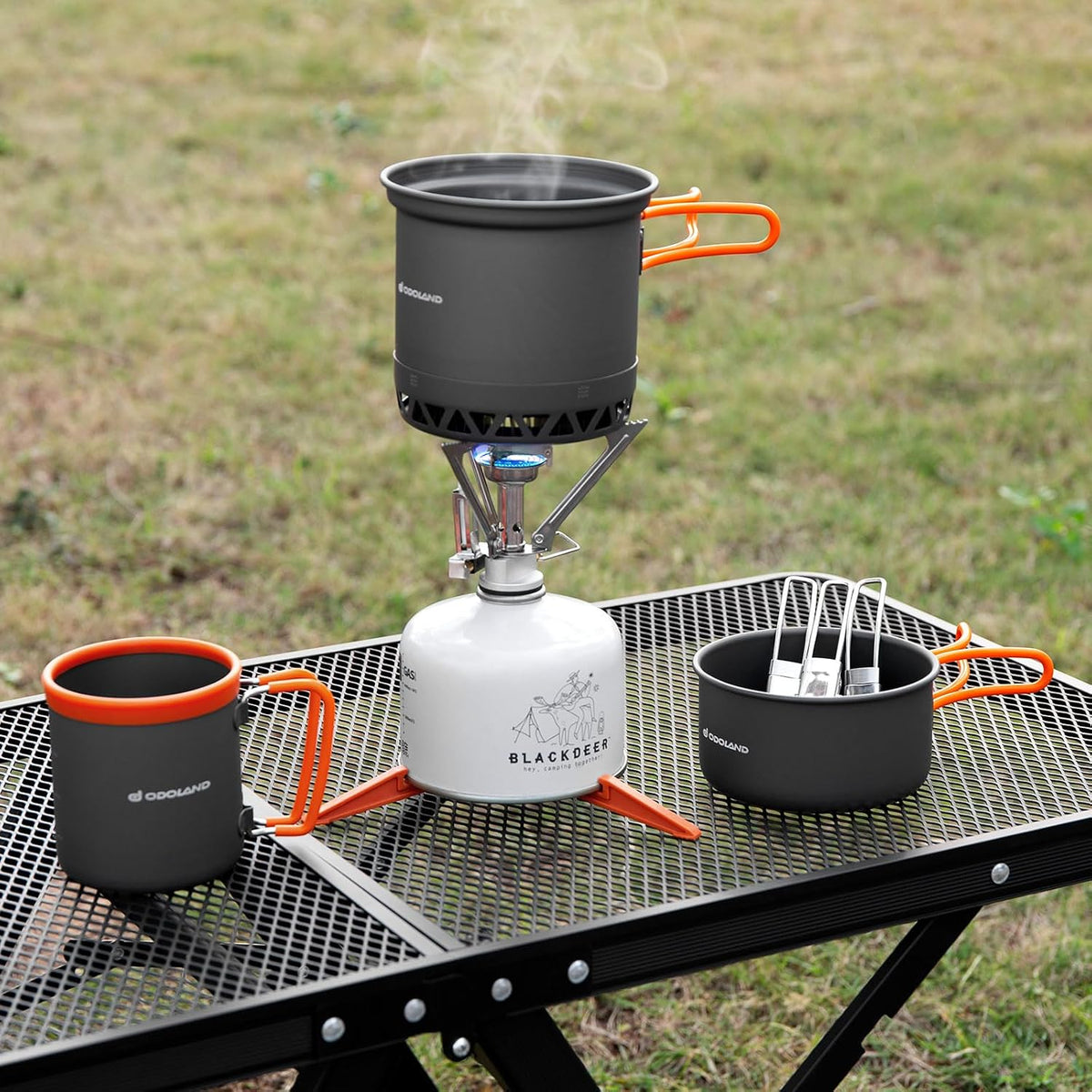 Odoland Camping Pots with Heat Exchanger Camping Cooking Set with Portable Camping Stove Camping Mess Kit Include Mug, Folding Utensil Set, Canister Stabilizer for Backpacking Outdoor Hiking & Picnic