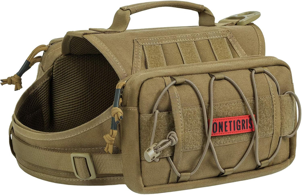 ONETIGRIS Dog Backpack for Medium & Large Dogs, Nylon Backpack for Dogs Tactical Pet Backpack with Side Pockets for Hiking Walking Training Running (Brown, Medium)