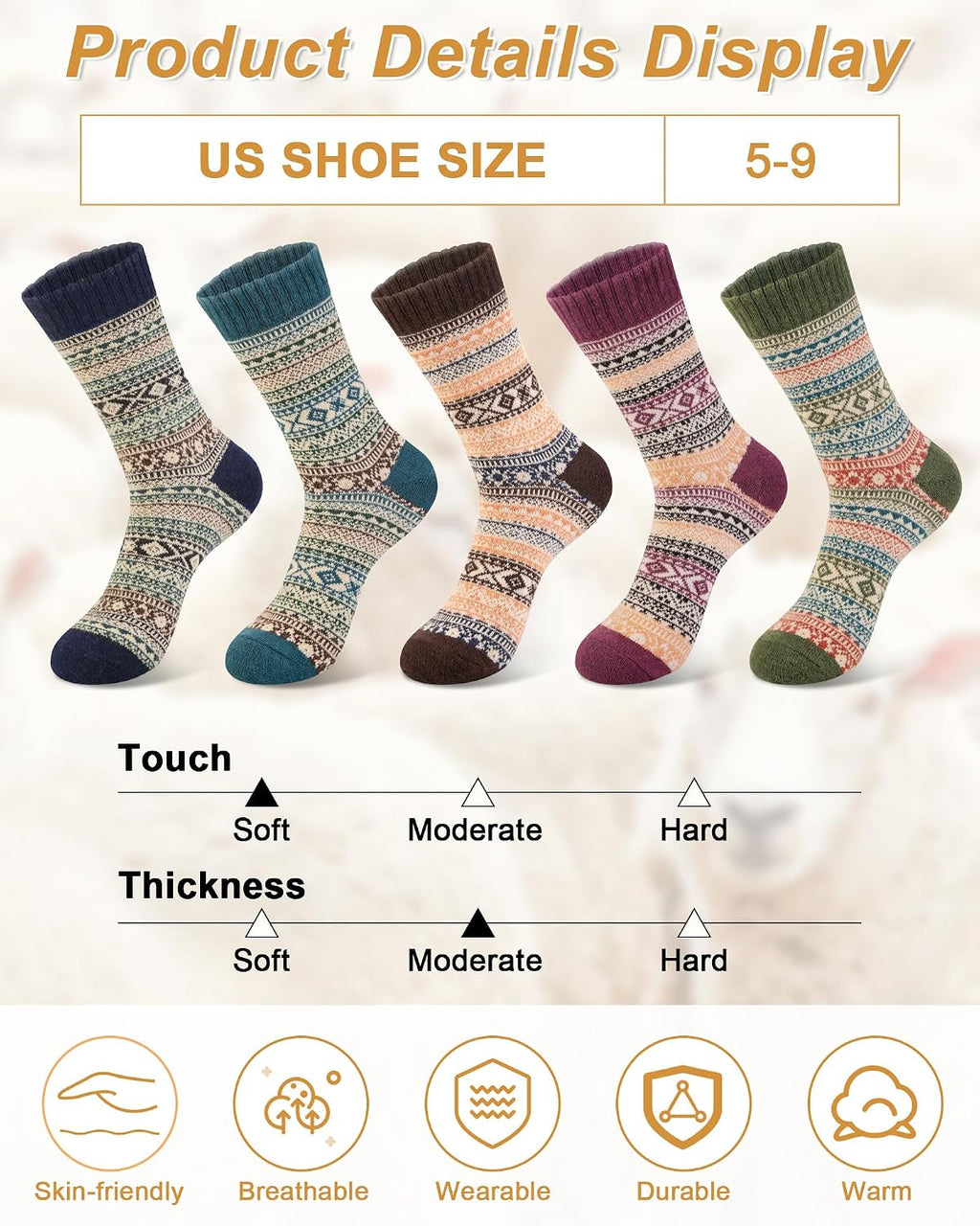 Senker Fashion Wool Socks for Women, 5 Pairs Winter Warm Crew Boot Socks
