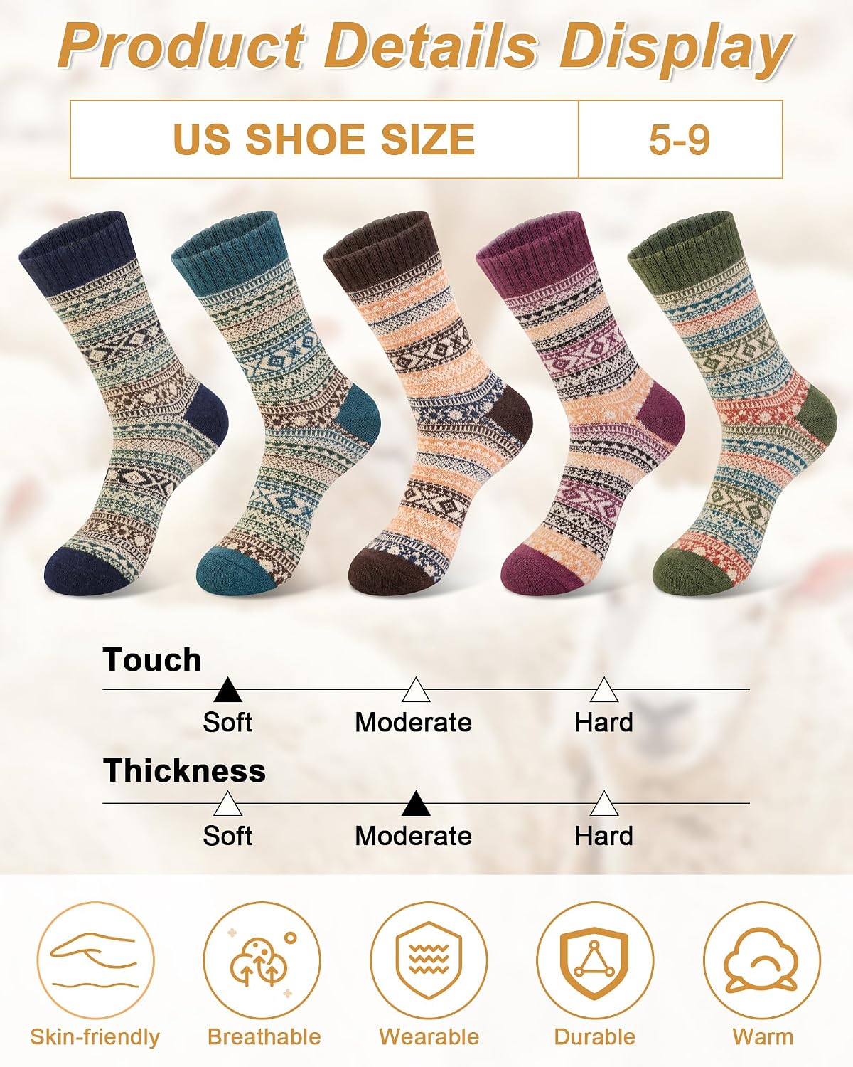 Senker Fashion Wool Socks for Women, 5 Pairs Winter Warm Crew Boot Socks