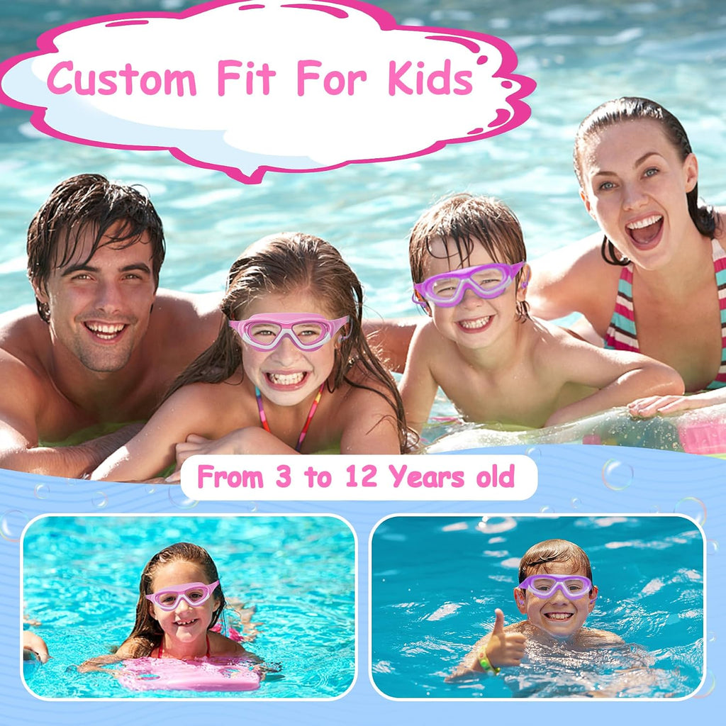 Vvinca Kids Swim Goggles for Kids 3-12, Upgraded Design with Ear & Nose Plug, Wide View Anit-Fog No Leak Water Pool Goggle