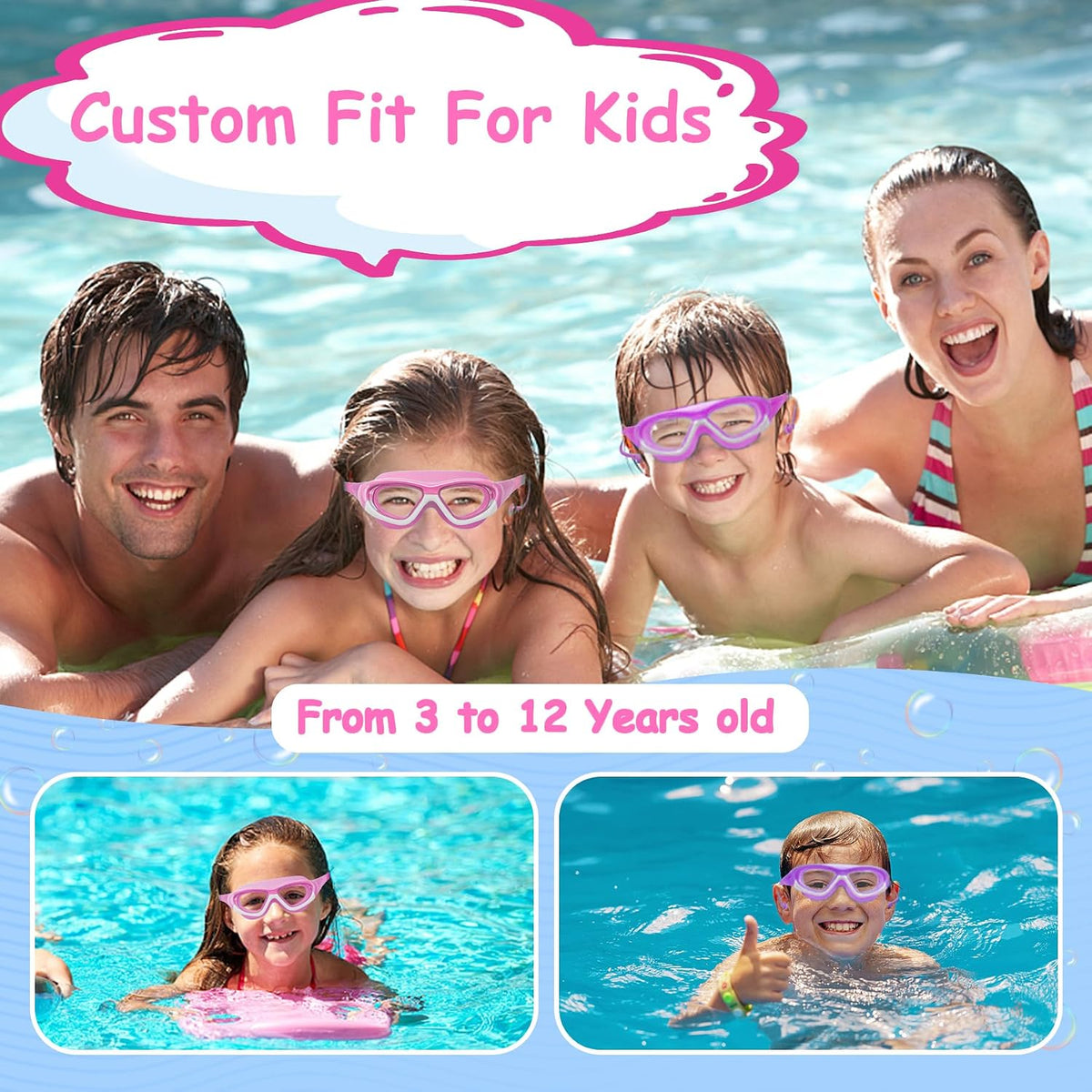 Vvinca Kids Swim Goggles for Kids 3-12, Upgraded Design with Ear & Nose Plug, Wide View Anit-Fog No Leak Water Pool Goggle