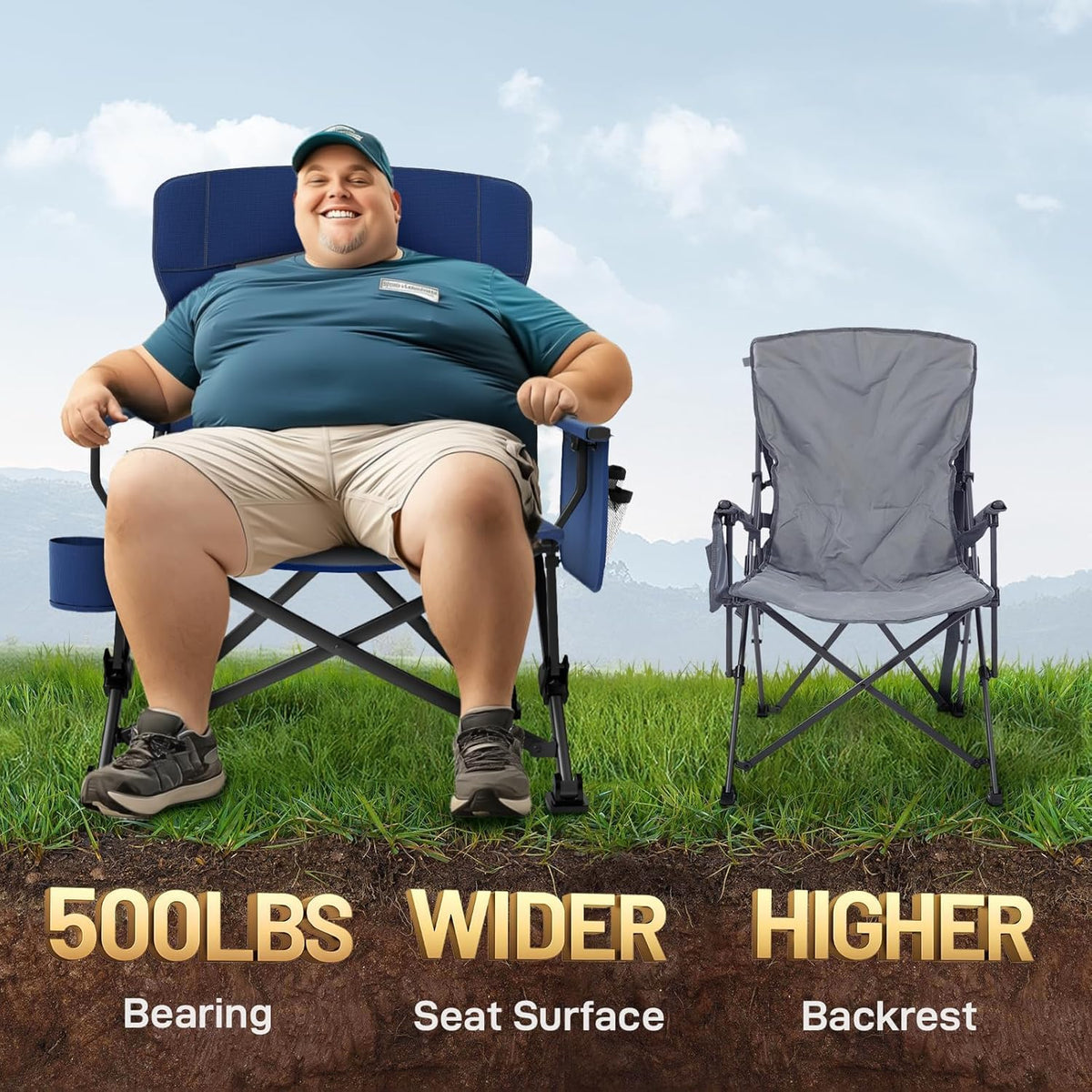 EVER ADVANCED Oversized Folding Camping Chair, for Adults Heavy Duty Lawn Chair with Side Pockets, Portable Collapsible Quad Chair for Outside, Support Up to 500lbs, Blue
