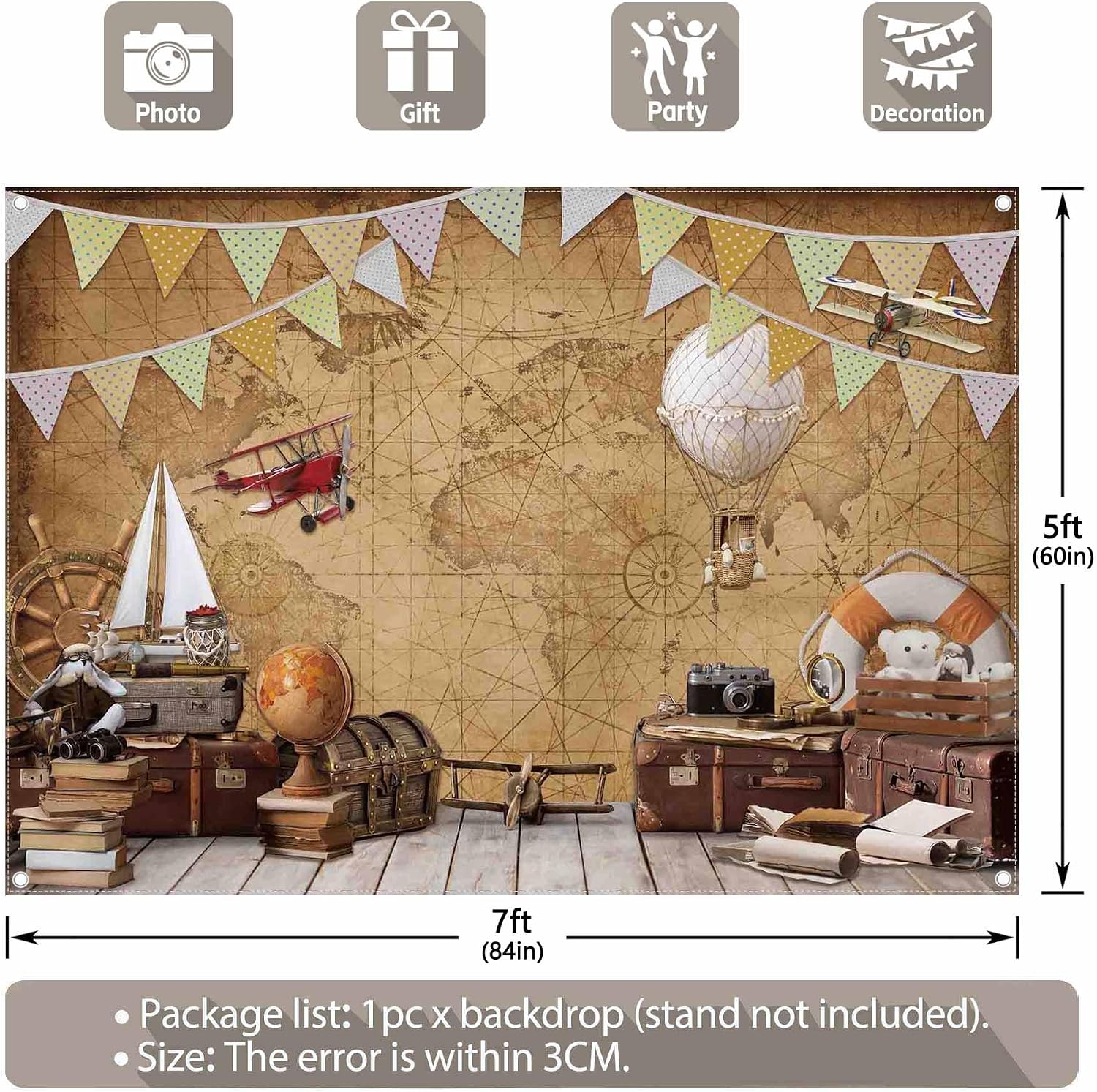 7x5ft Fabric Vintage Around World Map Photography Backdrop