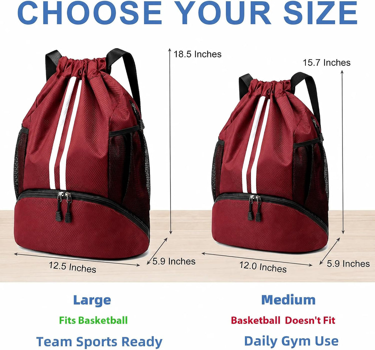 JELUTAR Drawstring Backpack Gym Bag with Shoes Compartment, Burgundy