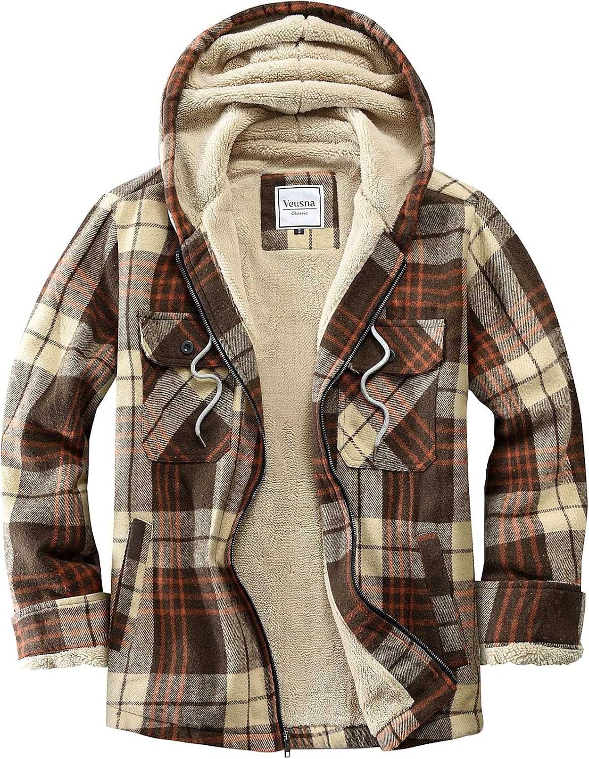 Men's Zip Up Flannel Shirt Jacket Fleece Lined with Hood