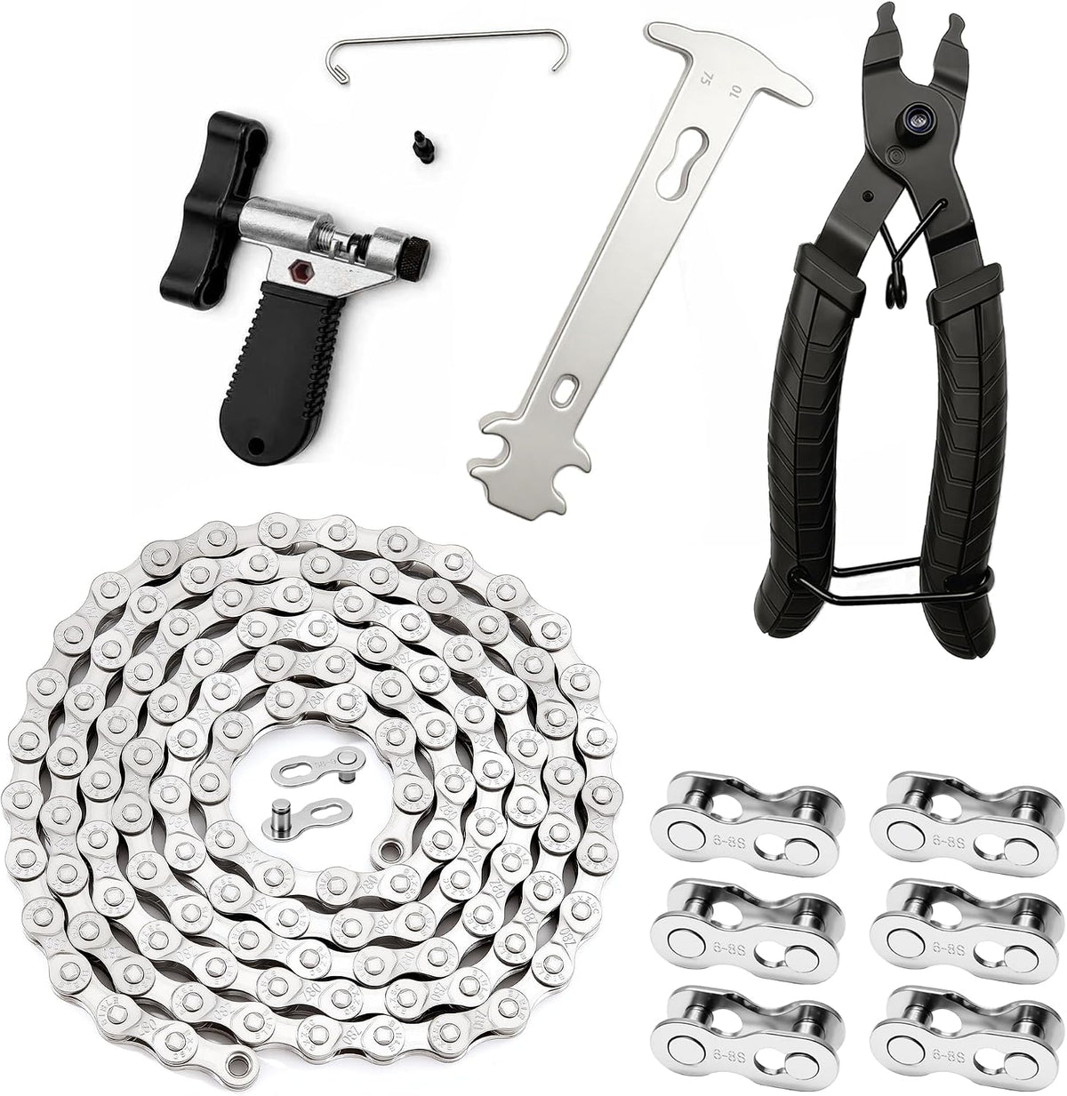 Bike Chain Tool Kit,6/7/8 Speed Bicycle Chain Repair Set,Bike Chain Breaker Tool With Hook,Chain Link Plier,6 Pairs Quick Release Chain Buckle For Road Mountain Racing Cycling Bikes（6/7/8 speed））