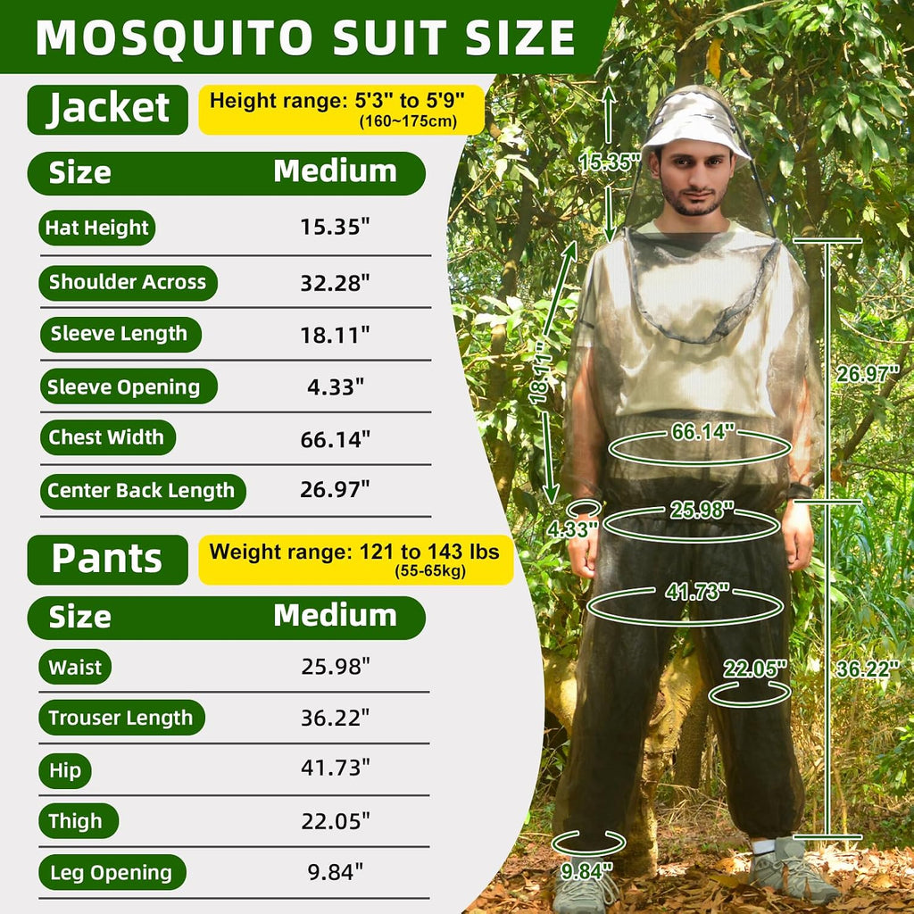 Mosquito Suit, Bug Pants & Jacket with Hood, Full Body Bug Net, M Size