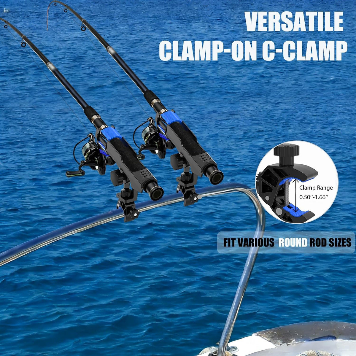 VEXPLO Clamp On Rod Holder for Fishing Boat, Round Rail Mount