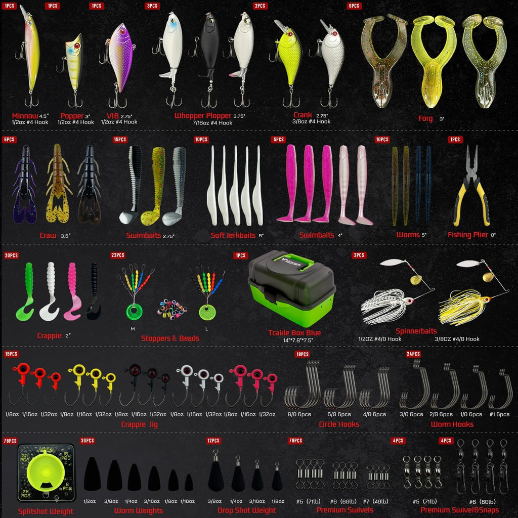 Fishing Tackle Box with Tackle Included Lures, 3-Layer Tackle Kit