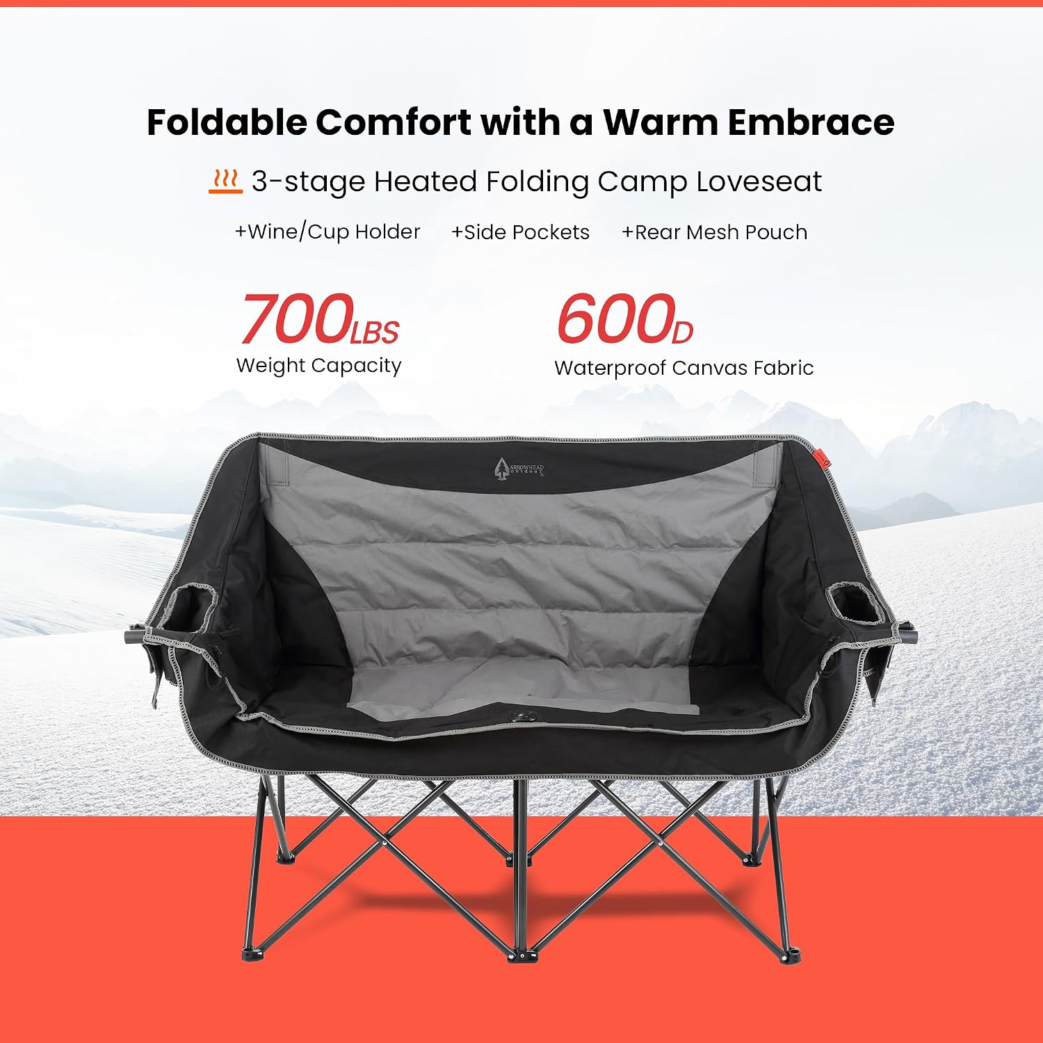ARROWHEAD OUTDOOR Wide Duo Foldable Heated Camping Loveseat Chair, Black