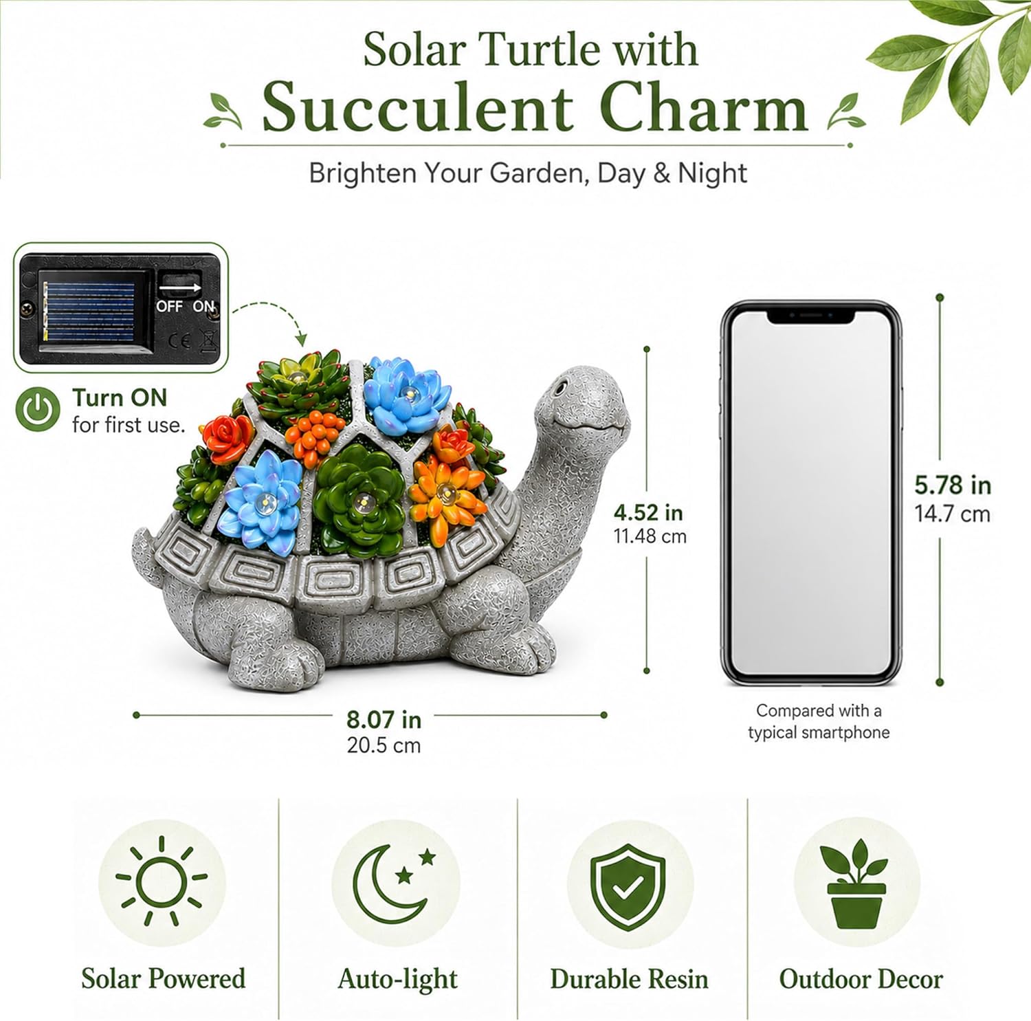 Nacome Solar Garden Outdoor Statues Turtle with Succulent | 7 LED Lights, Lawn Decor Statue for Patio, Balcony, Yard Ornament, Gifts for Mom Grandma Women