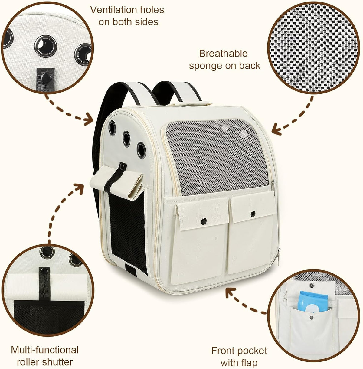 Airline Approved Cat Carrier Backpack - Ventilated Breathable Mesh for Small Dogs & Cats (15lbs), Soft Sided Dog Backpack for Hiking, Camping, Travel & Vet Visits with Padded Straps (White)