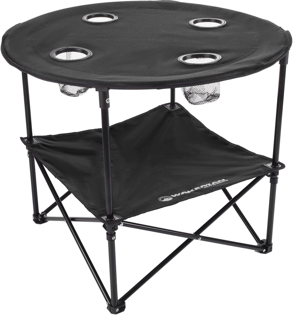 Wakeman Camp Table - Round 2-Tier Folding Table with 4 Cupholders and Carrying Bag - for Camping, Beach, Picnic, Sporting Events, and More Outdoors,Blue